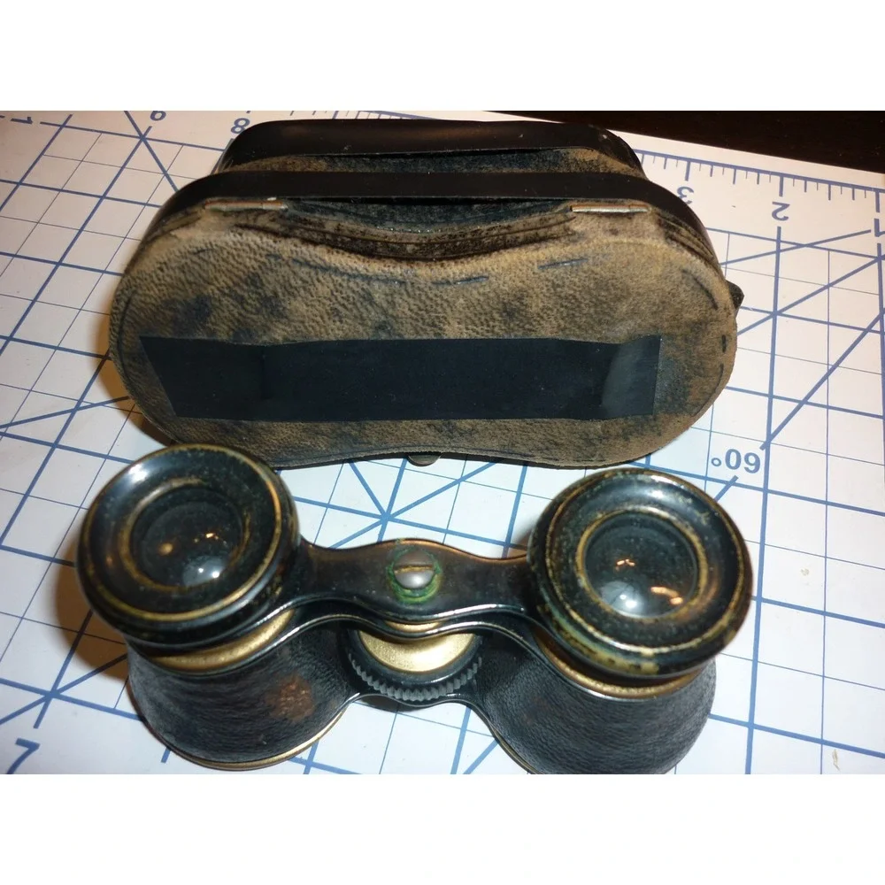 Antique Brass Leather Opera Glasses Victorian Theater Binoculars Blue Satin Case